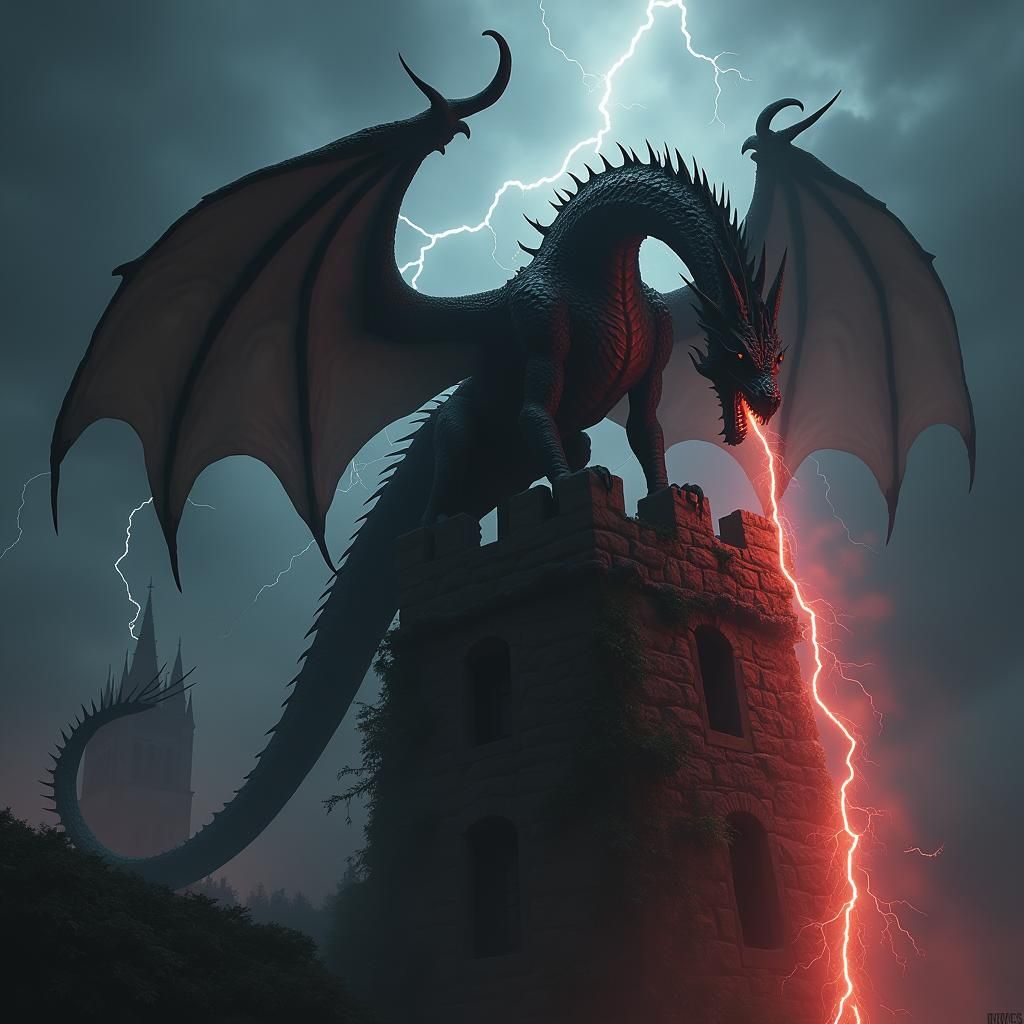 Black Dragon Perched on Ruined Tower in Cyberpunk Style