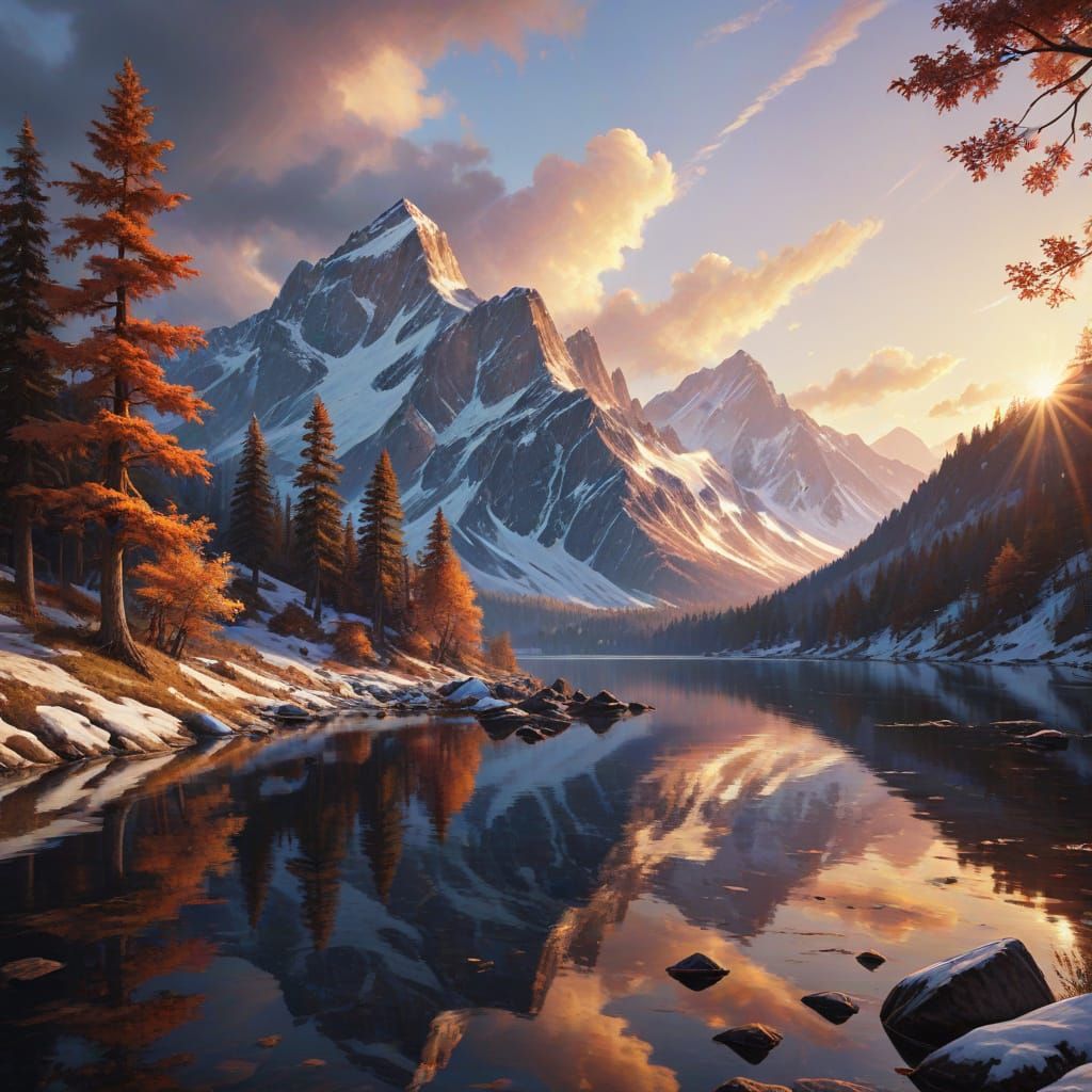 Majestic Snow-Capped Mountains At Dawn With Alpine Lake