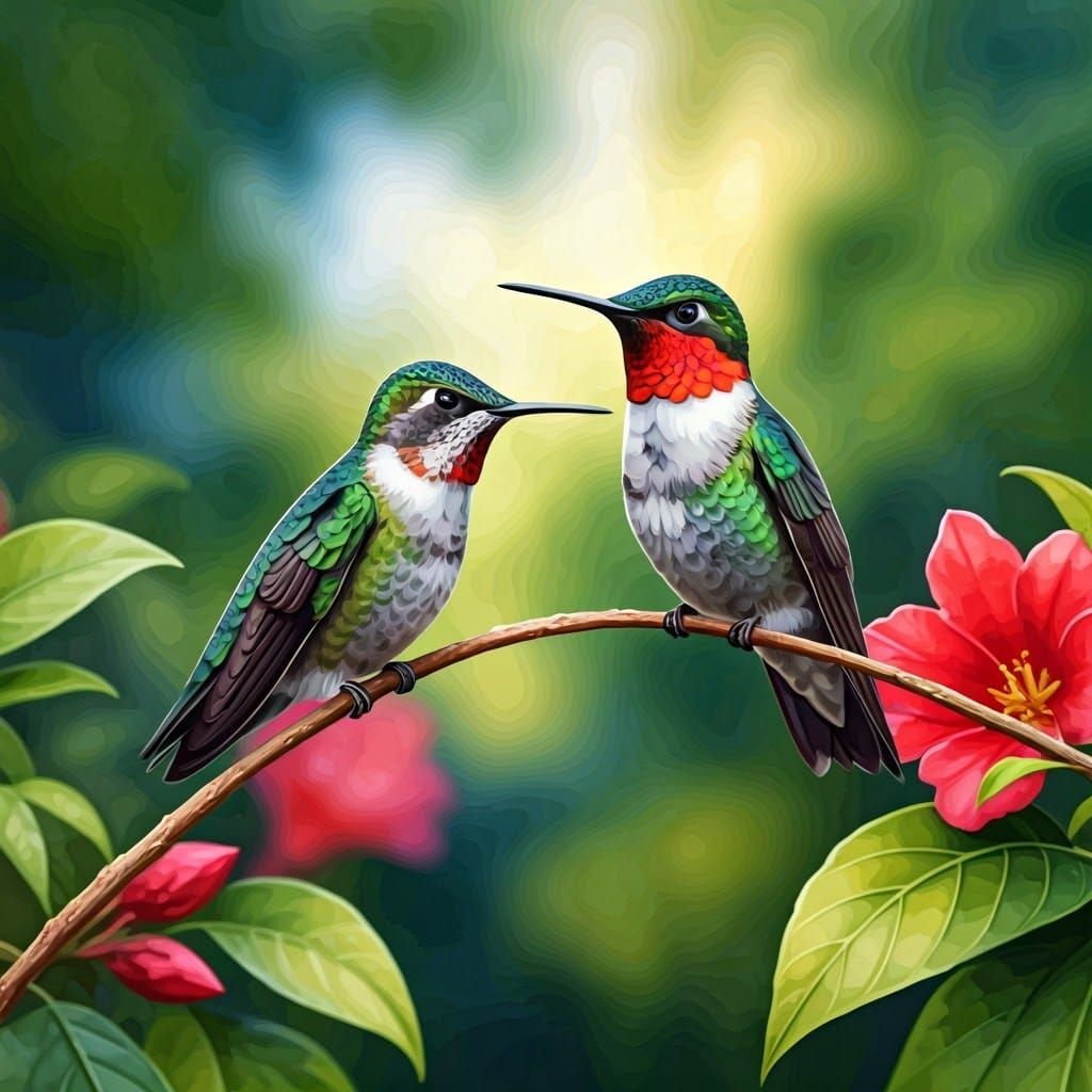 Hummingbirds on Branch: Watercolor Impressionism