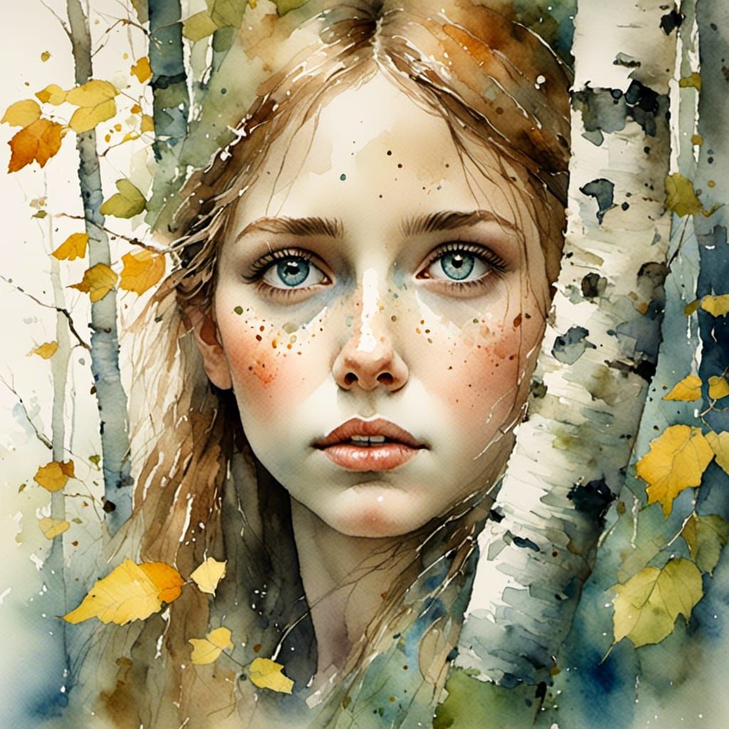 Watercolor Portrait of Girl in Birch Forest