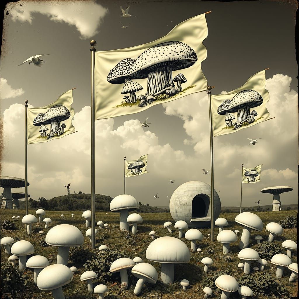 Hyperreal Mushroom Landscape in Daguerreotype Style