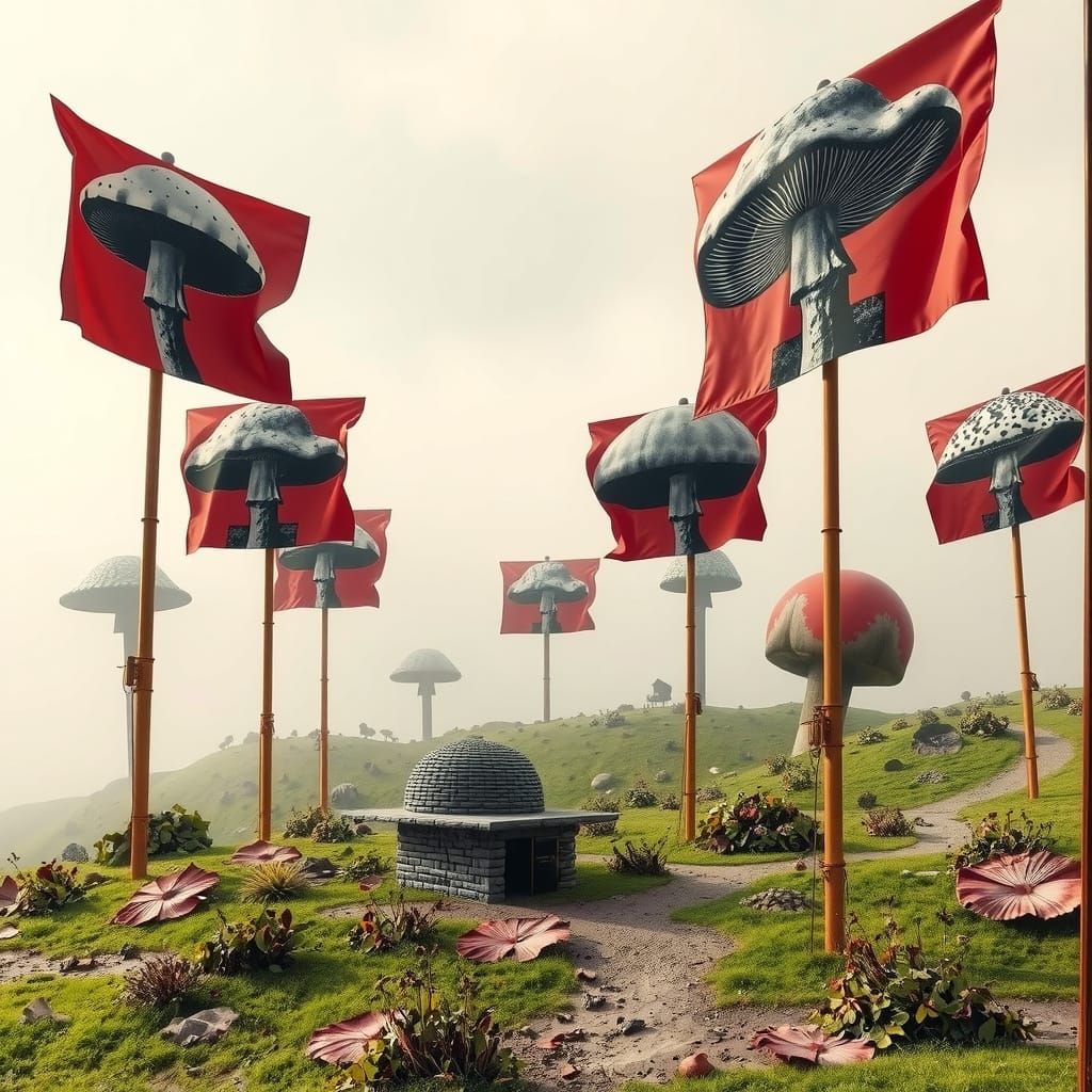 Surreal Mushroom Landscape with Flags and Vintage Prints