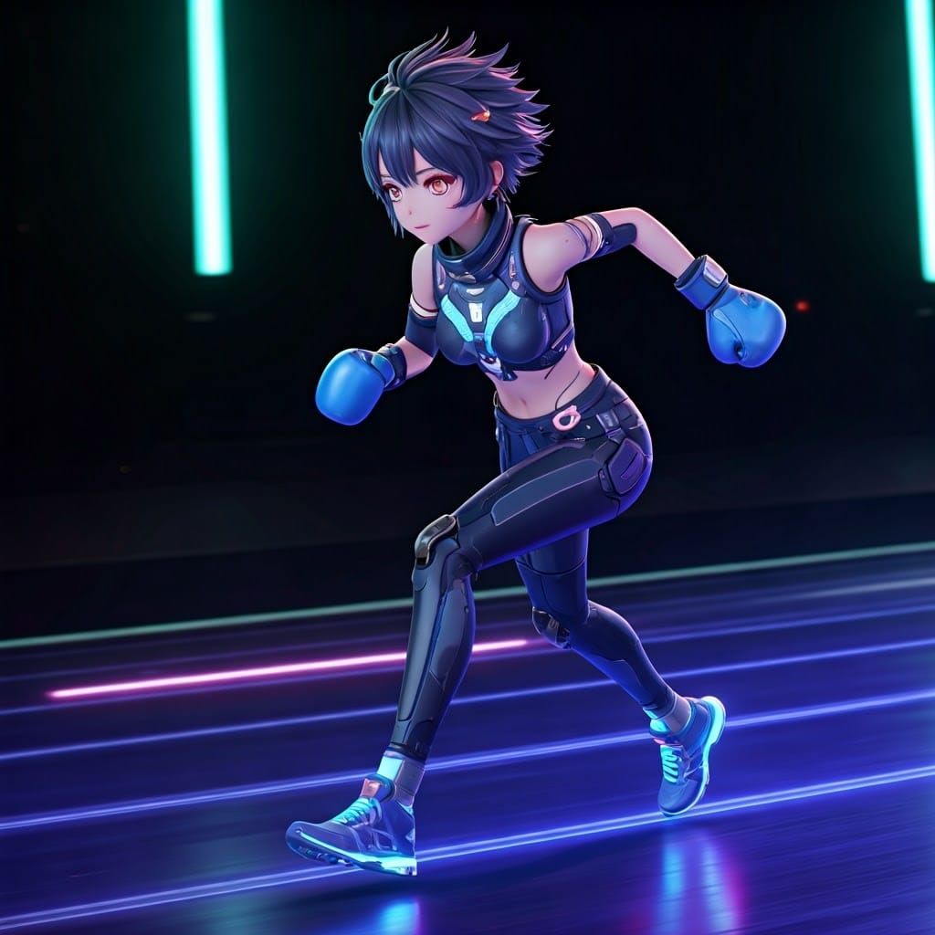 Hyper-Realistic 3D Anime Runner in Neon-Lit Sports Gear