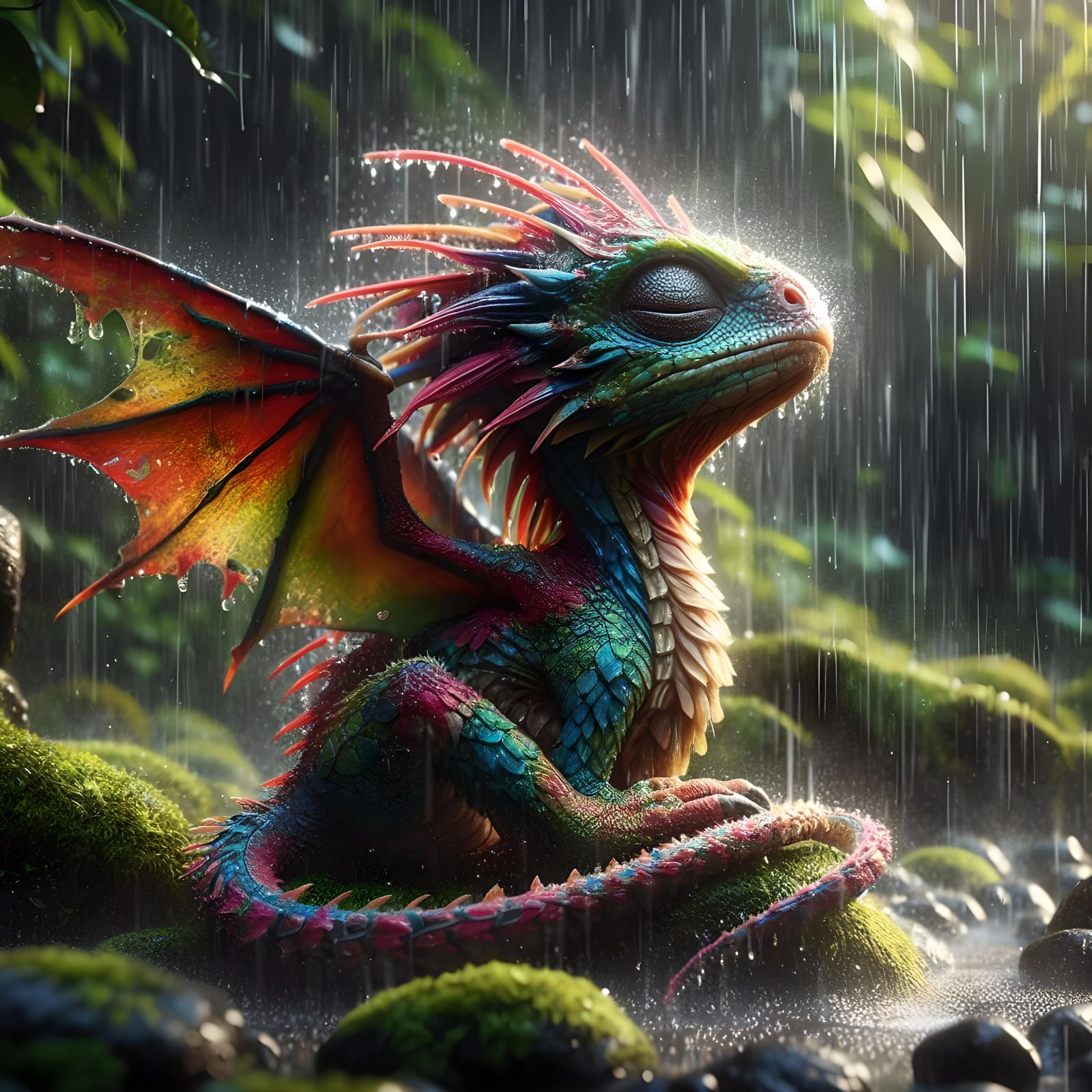 A Baby Dragon in the Rain