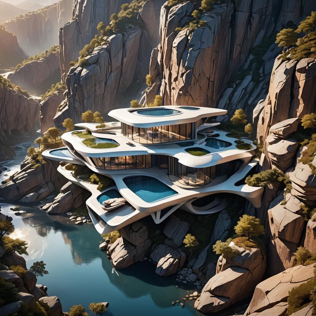 Futuristic Villa on Bridge in Hyperrealistic CGI Style