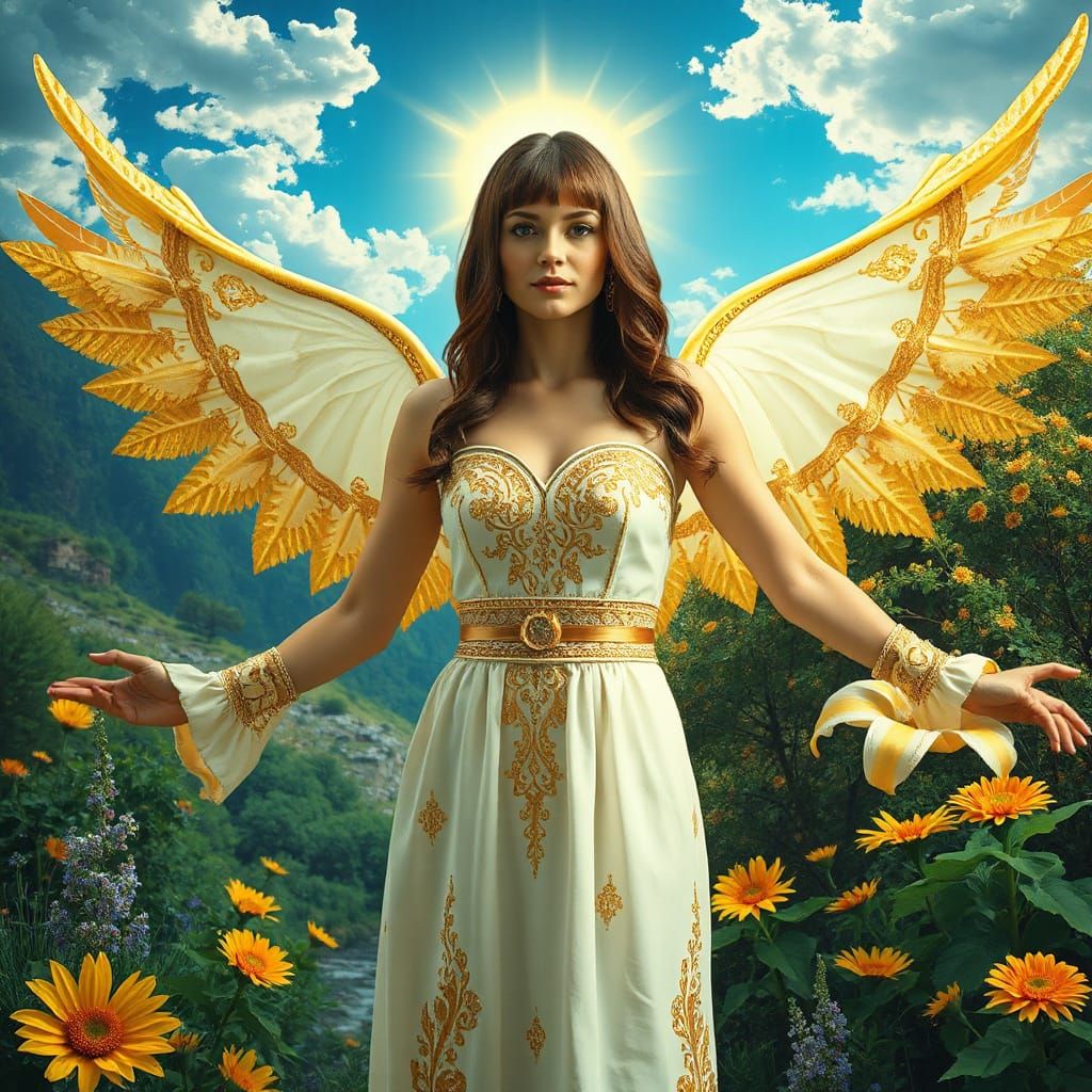 Serene Angel of Forgiveness in Vibrant Surreal Landscape