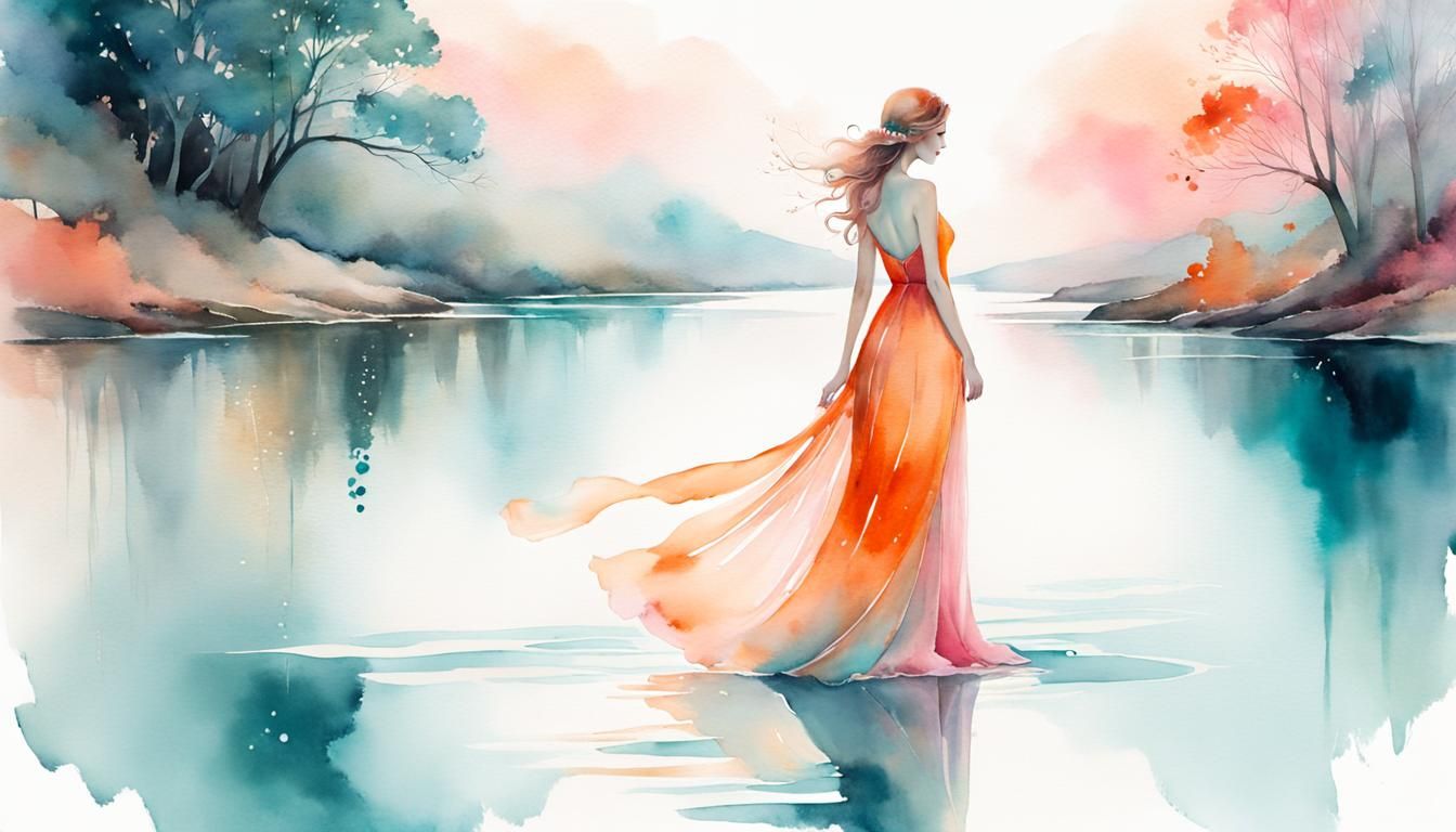 Elegant Double Exposure of Maiden in Watercolor Wash