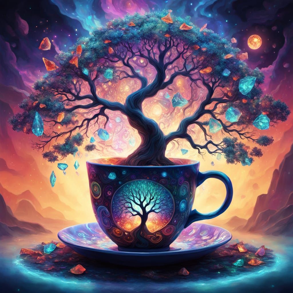 Vibrant Tree of Life with Chakra Crystals in Teacup