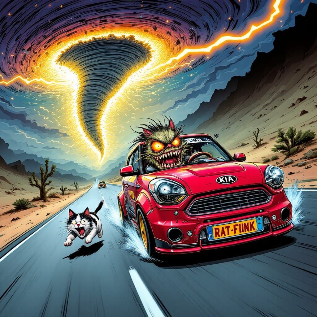 Ratfink Monster Speeds Down Highway in Cherry Red Kia Soul A...