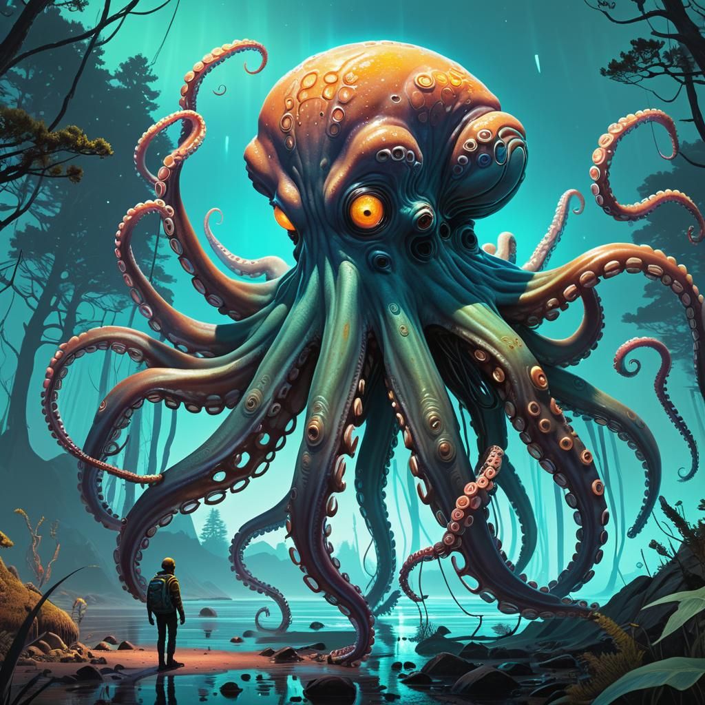 Biomechanical Octopus-Elephant Alien in Sci-Fi Illustration