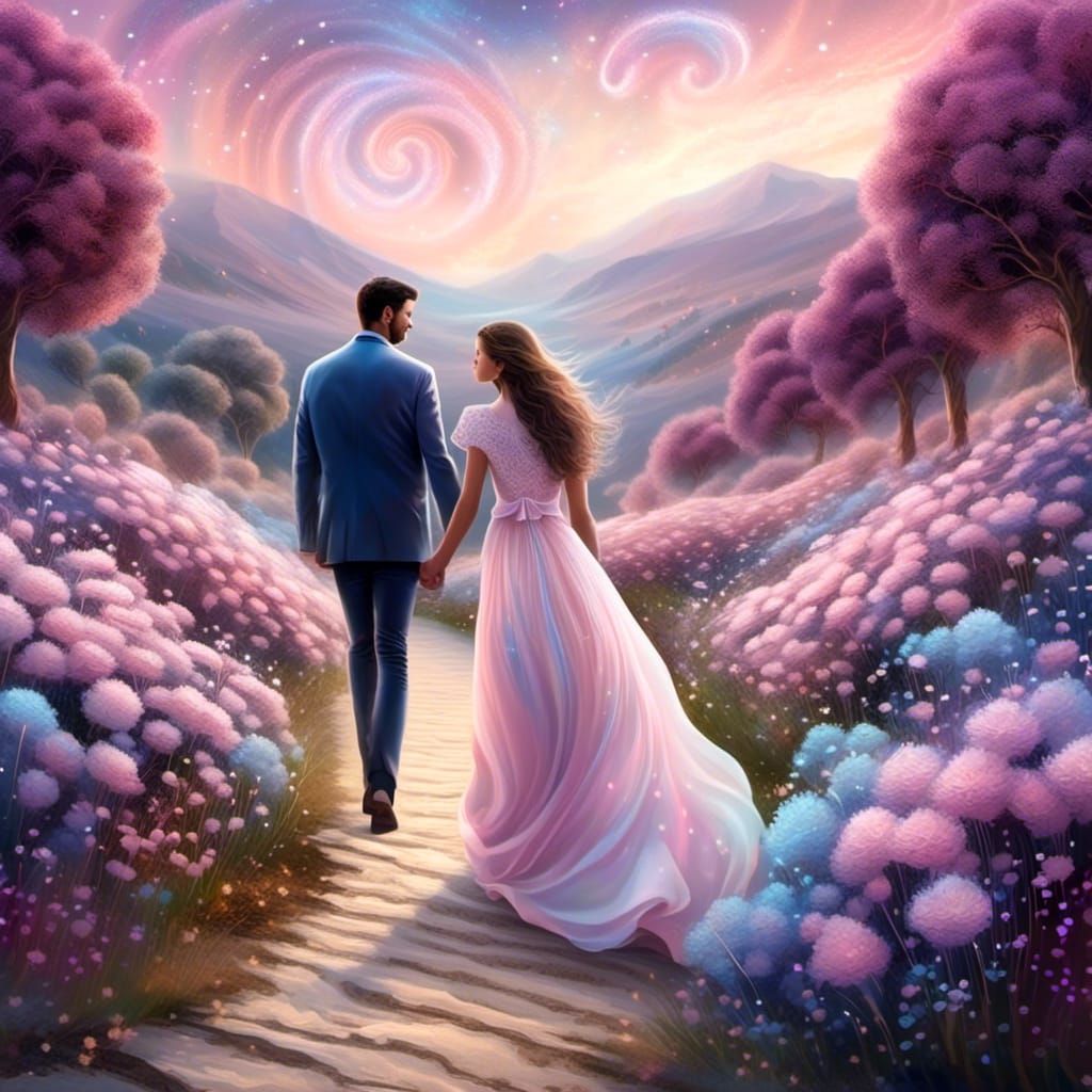 Lovers Embrace in Tranquil Pastel Park Scene