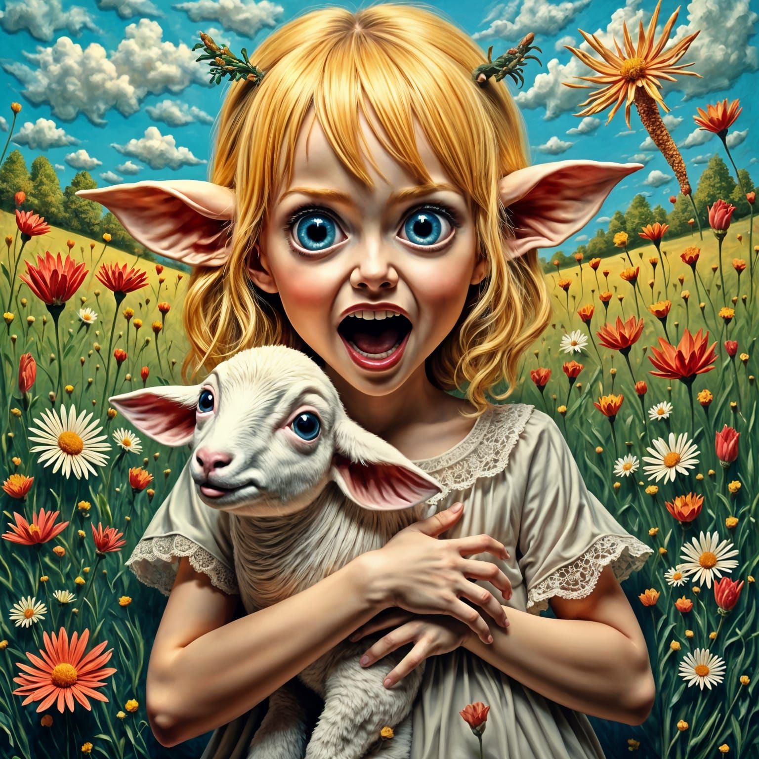 Little Girl Screams at Lamb in Neo-Impressionist Horror Scen...