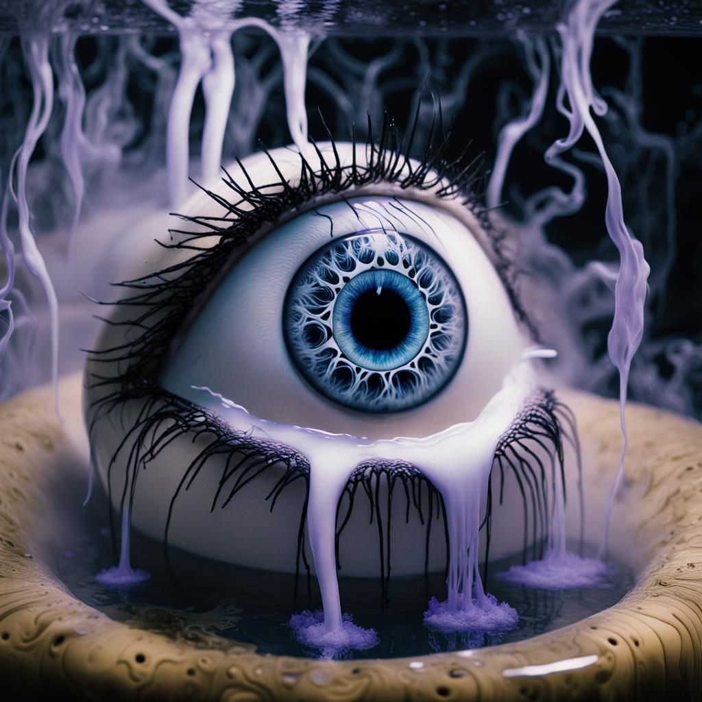 large crying eye creating a waterfall of milk, virus, detail...