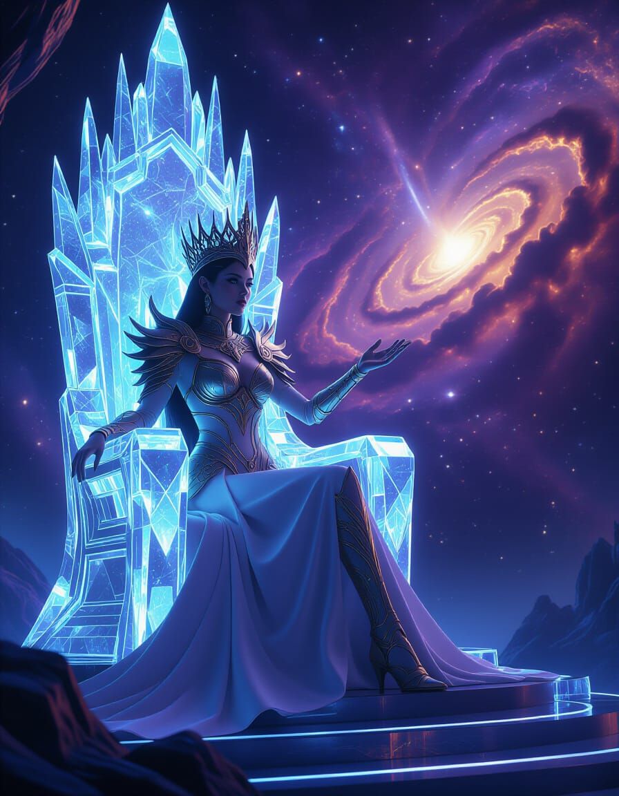 Queen in Celestial Armor on Crystalline Throne Overlooking N...