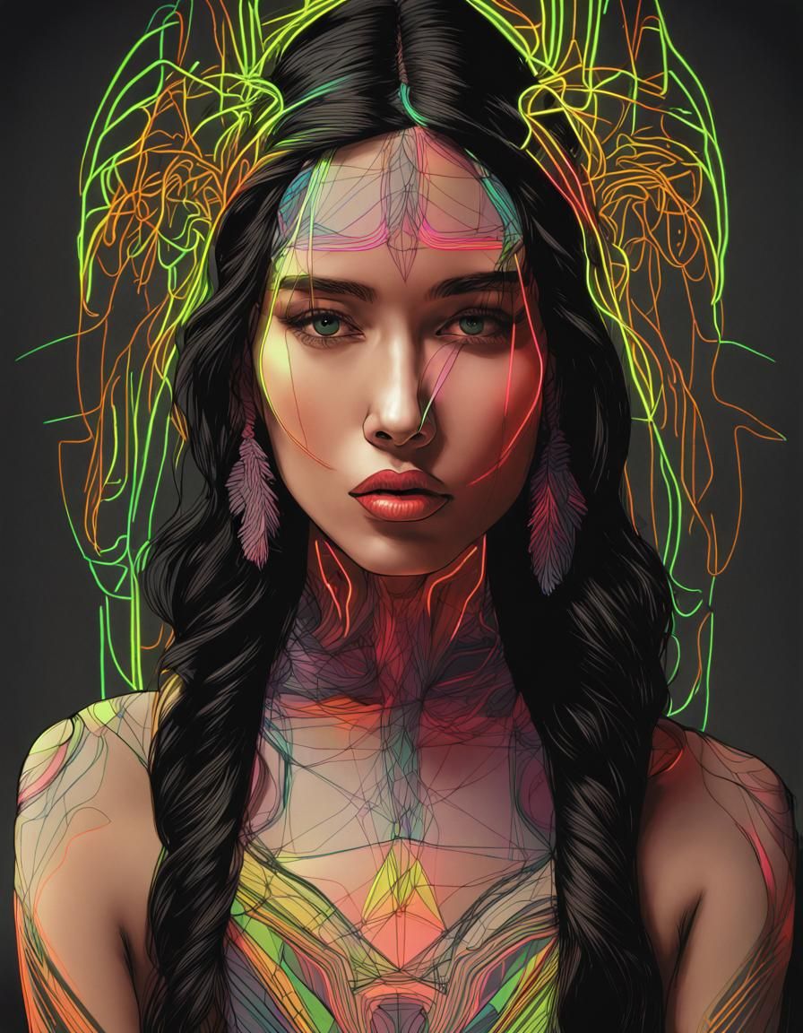 Neon Art Woman in Minimalist Ukiyo-e Style