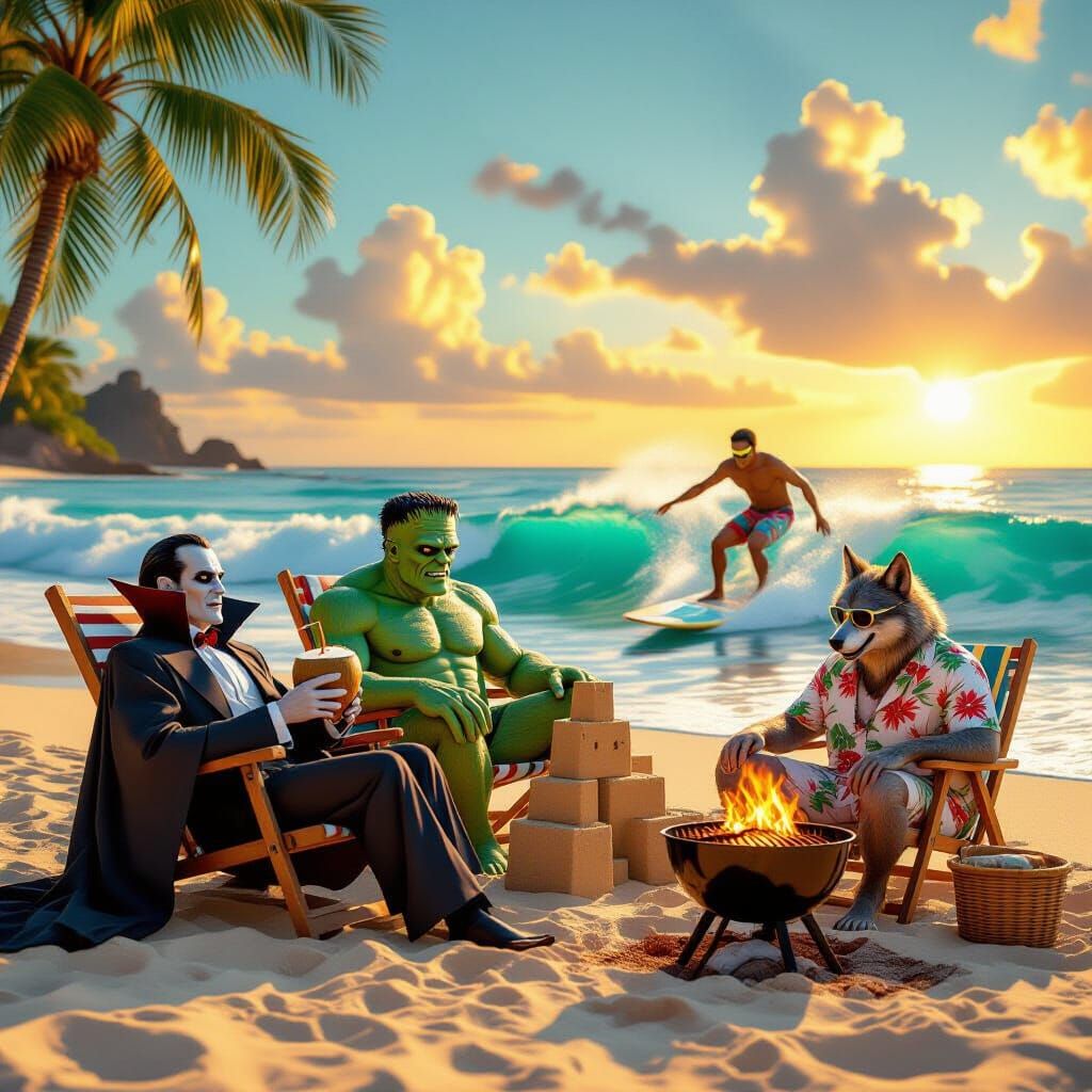 Classic Monsters Enjoy Tropical Vacation in Whimsical Horror...