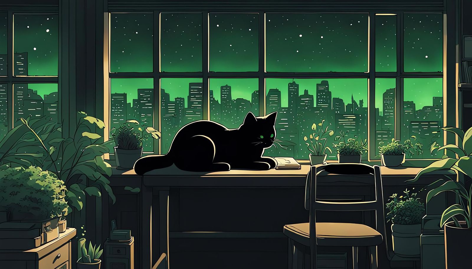 Monochromatic Green Lo-fi Anime Cat in Loft