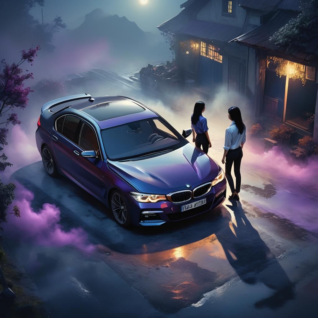 Girl with BMW Car in Fantasy Matte Painting
