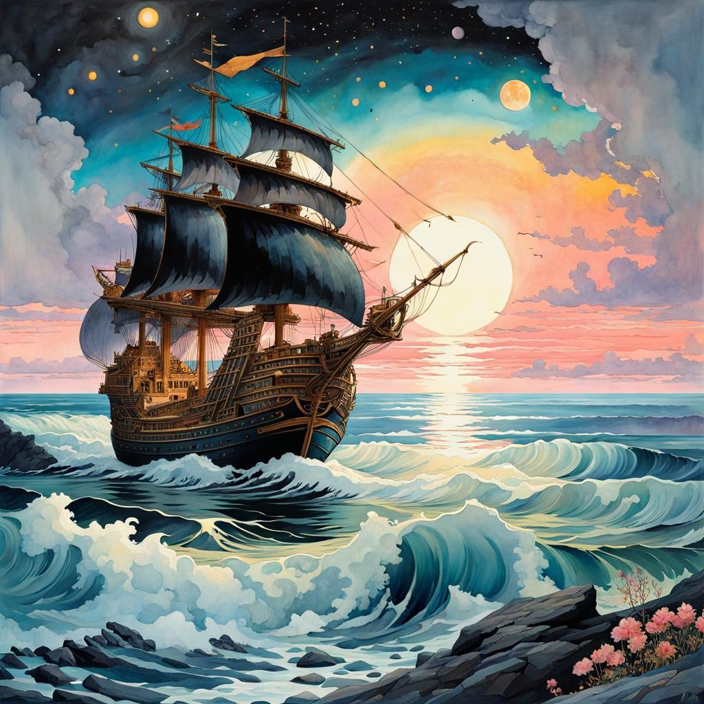 Watercolor Ship Amidst Cosmic Flowers