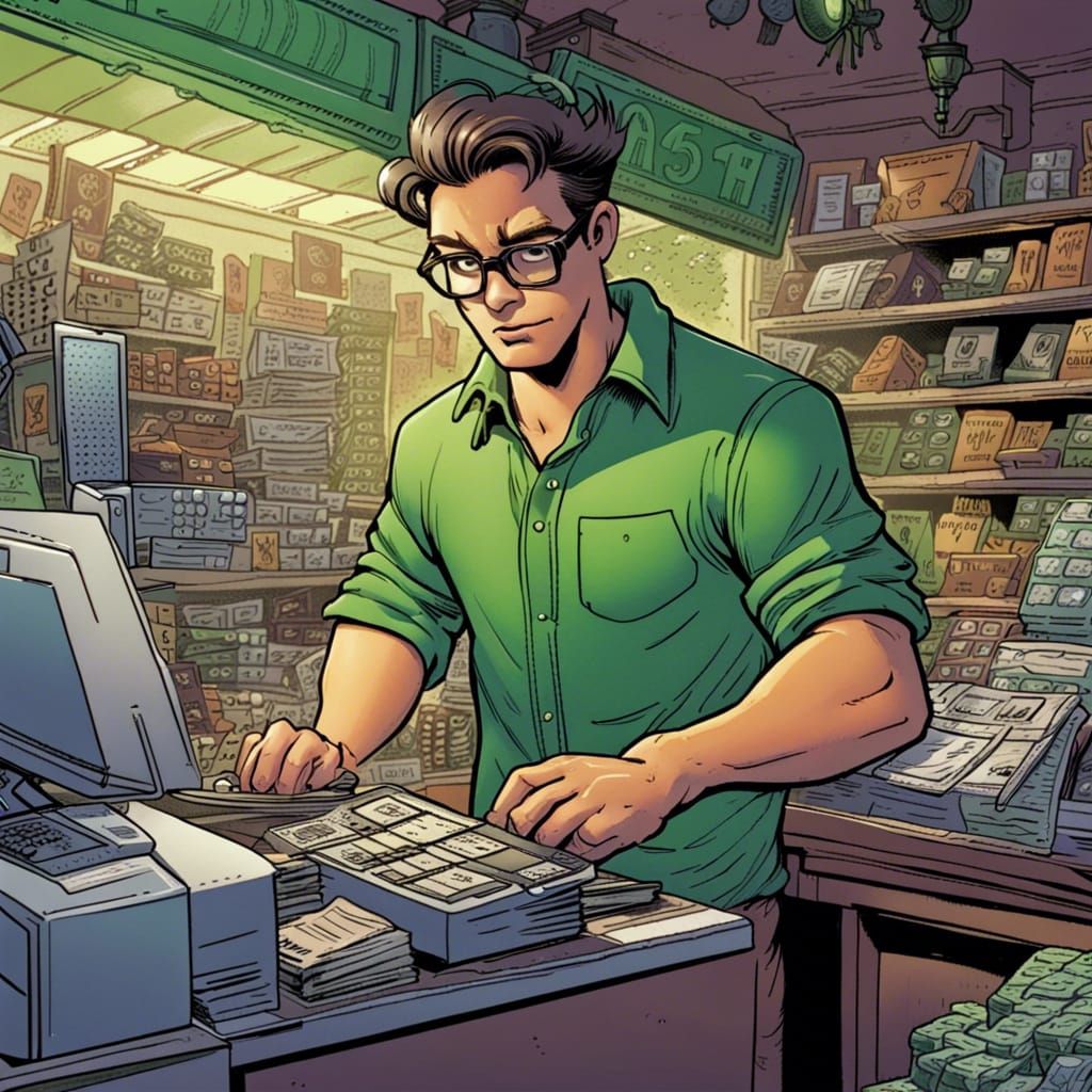Man Working Cash Register in Comic Book Style