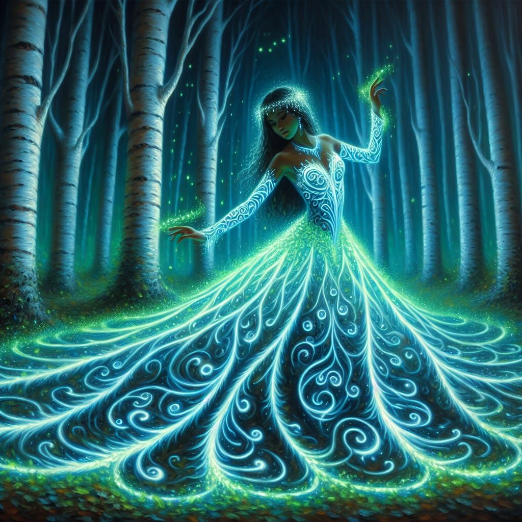 Bioluminescent Dancer in Enchanted Forest: Romantic Oil Pain...