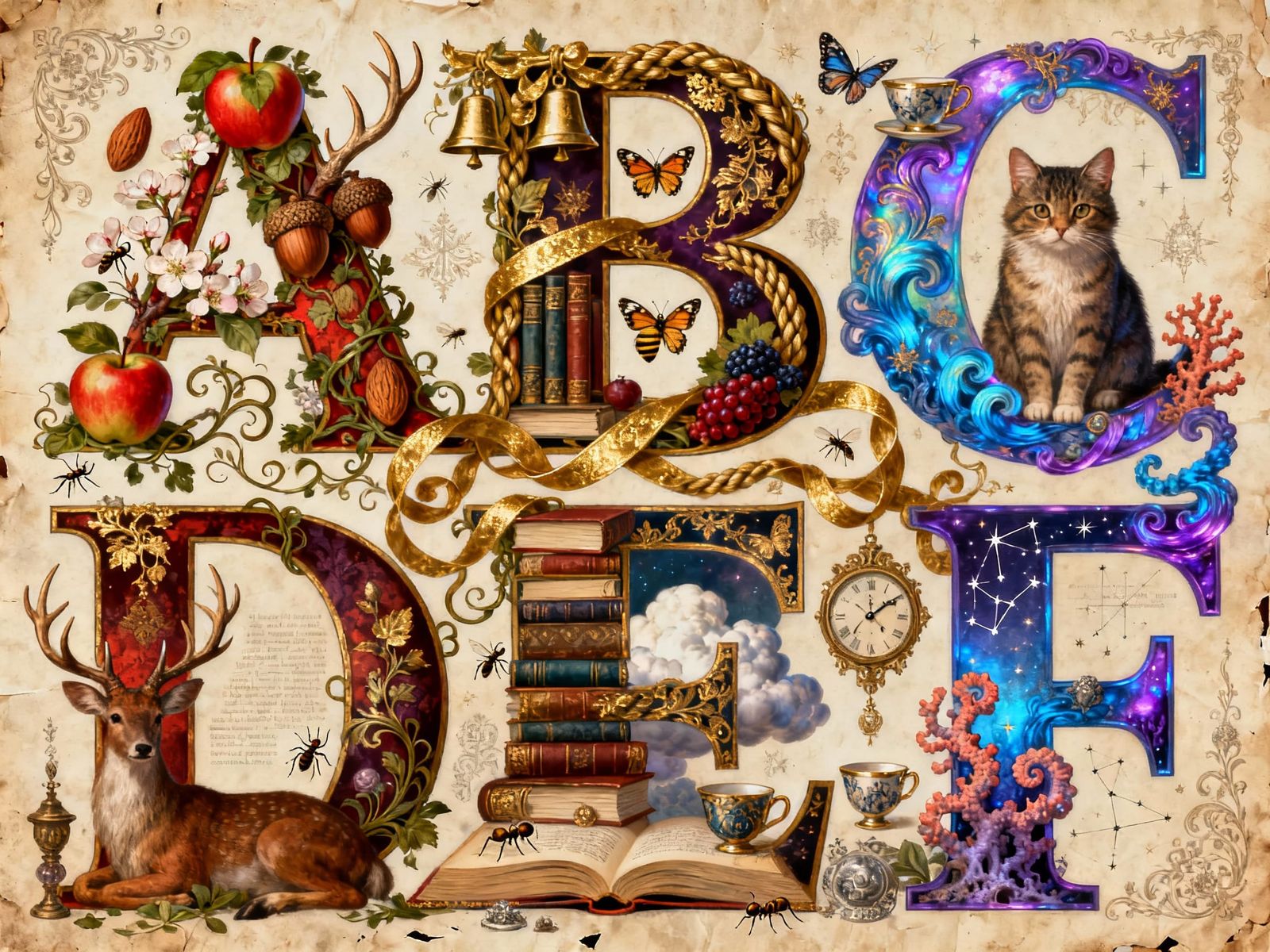 Maximalist Alphabet Art: Letters A-F Intertwined