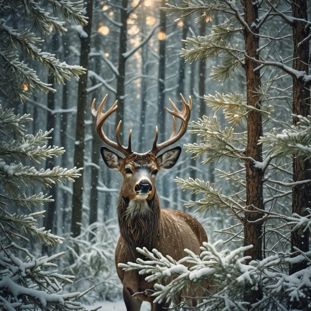 Buck in Winter Forest: Whimsical Watercolor Art