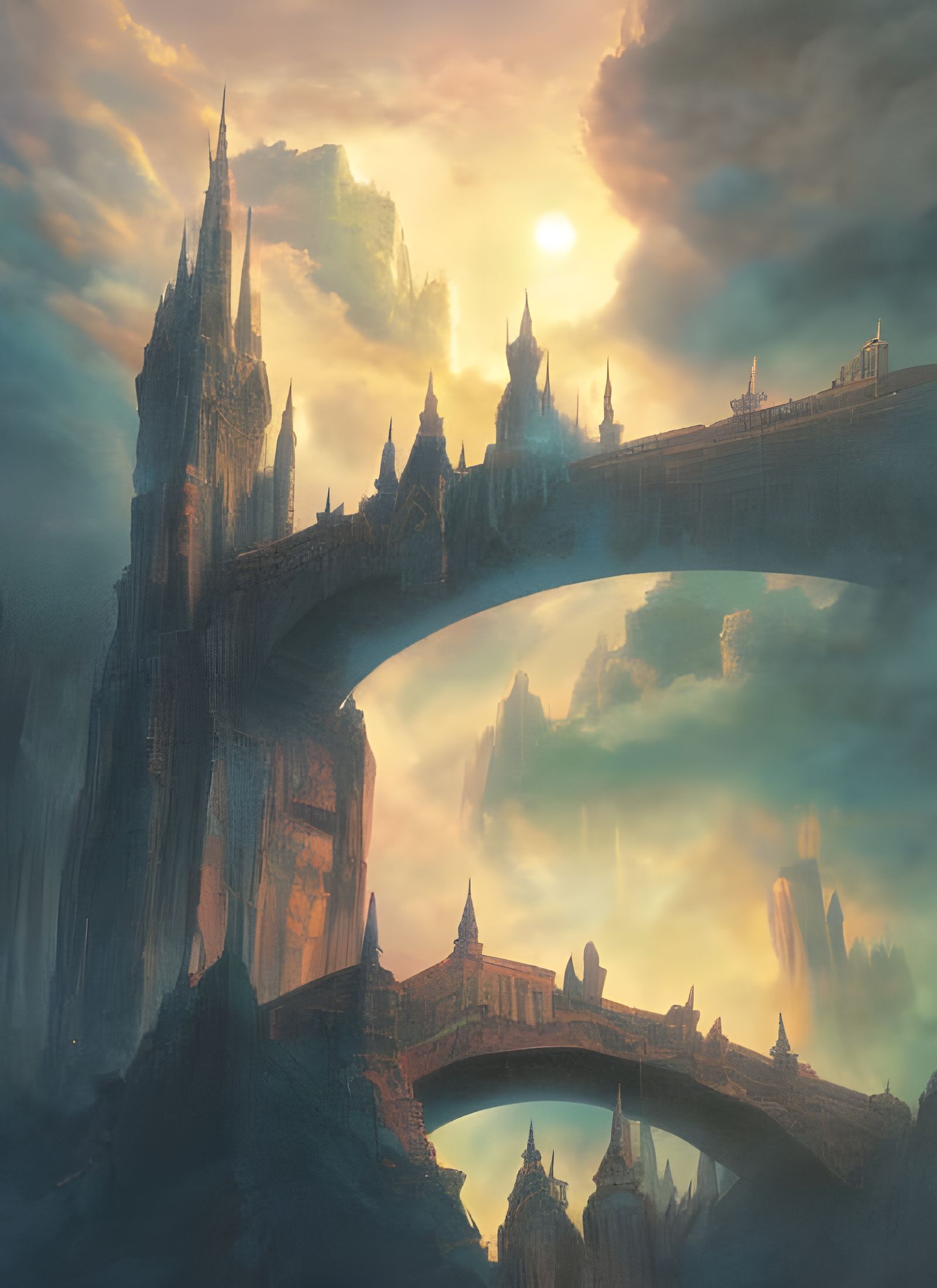 Magical Sci-Fi Bridge Tower in the Clouds