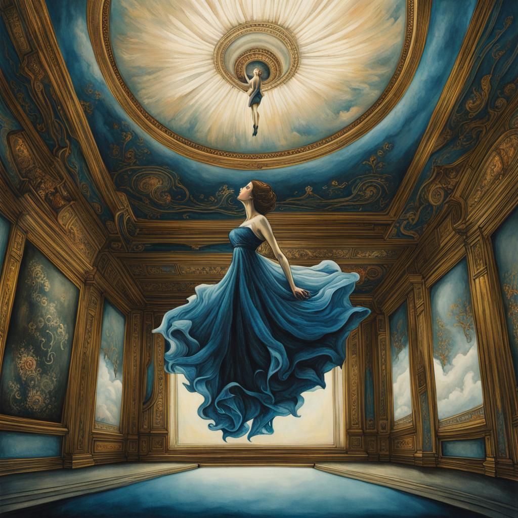Woman Walking on Ceiling in Surreal Upside-Down Room