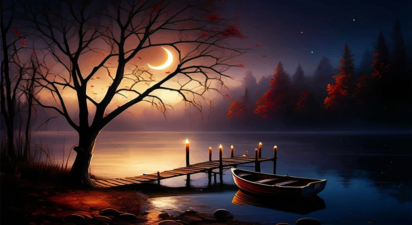 Autumn Lake: Crescent Moon Lit Tranquility