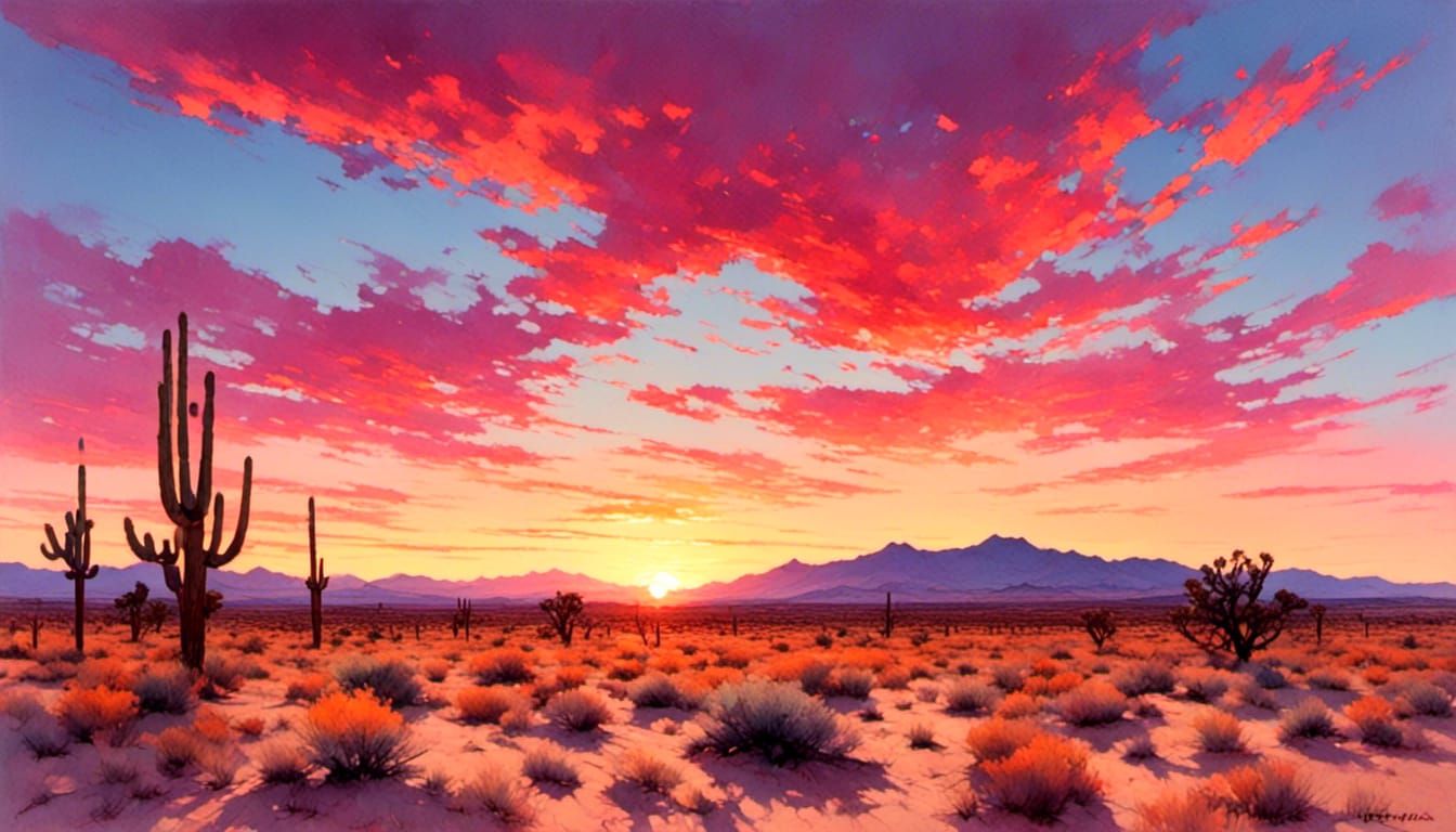 Mojave Desert Sunset in Pencil and Watercolor