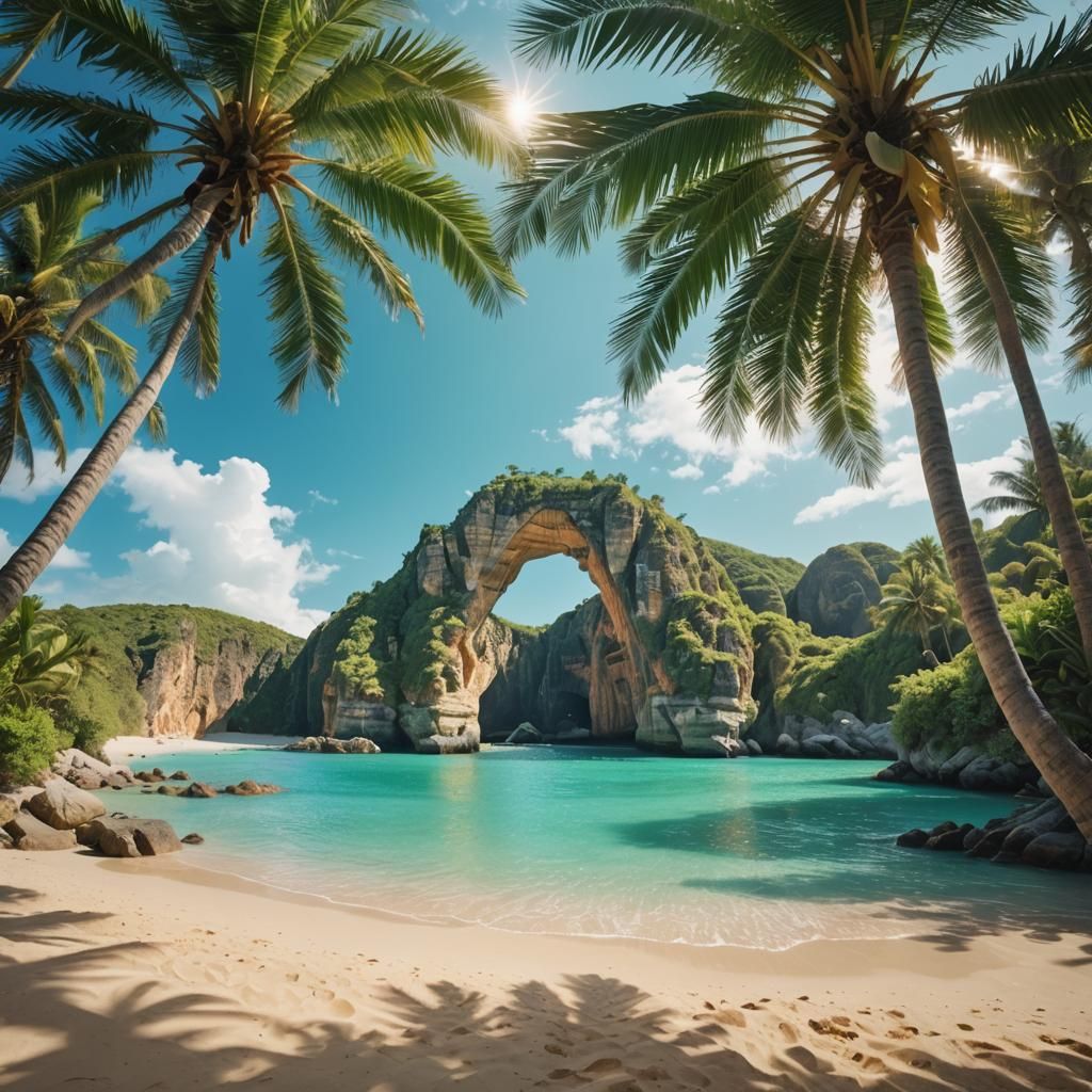 Tropical Cove with Cliff Arch and Turquoise Sea