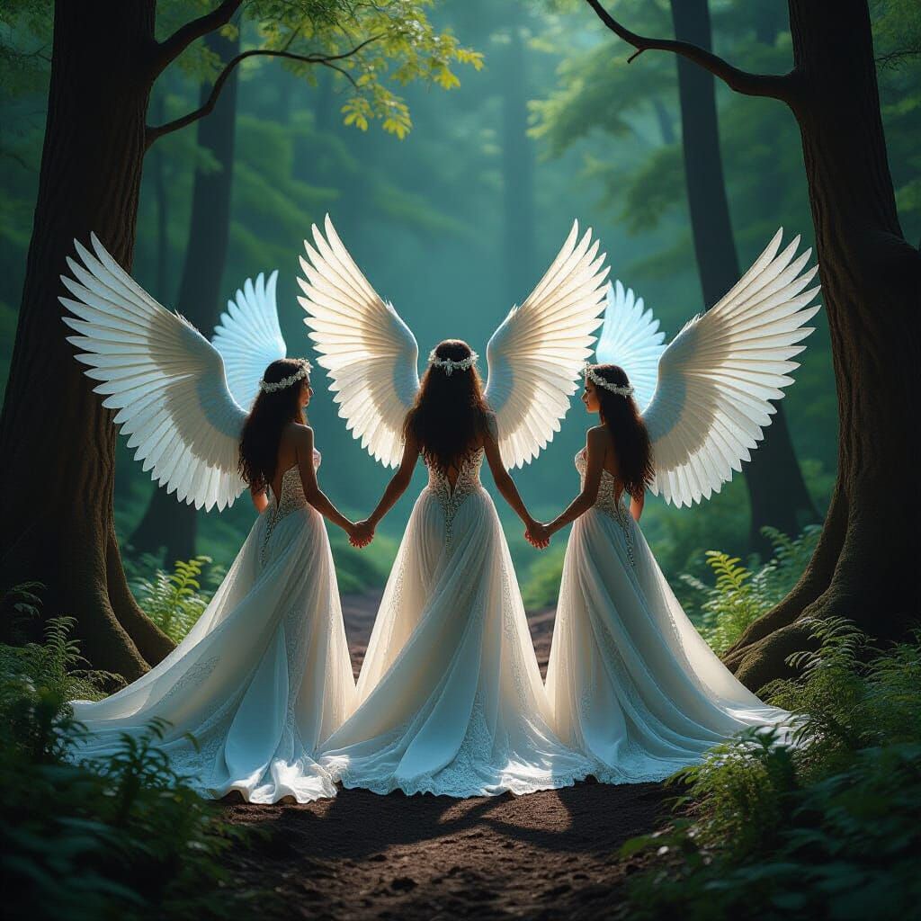 Swan Winged Women Rise from Forest, Klimt-Inspired