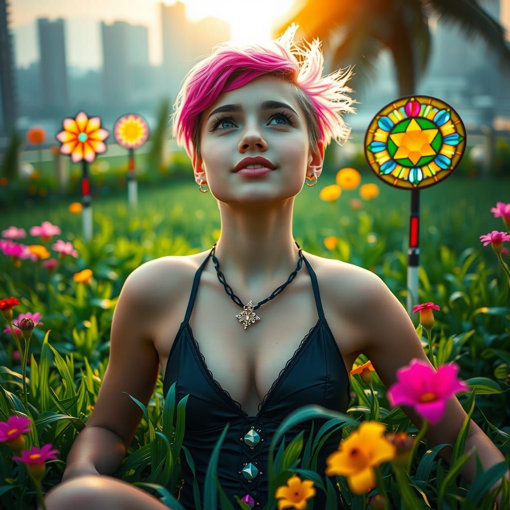 Cyberpunk Princess Relaxing on Emerald Lawn