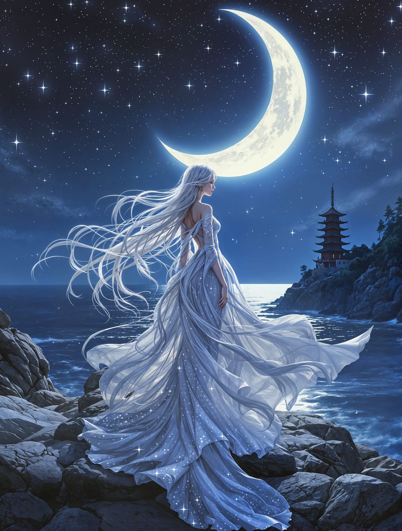 Ethereal Goddess Watches Crescent Moon Over Ocean