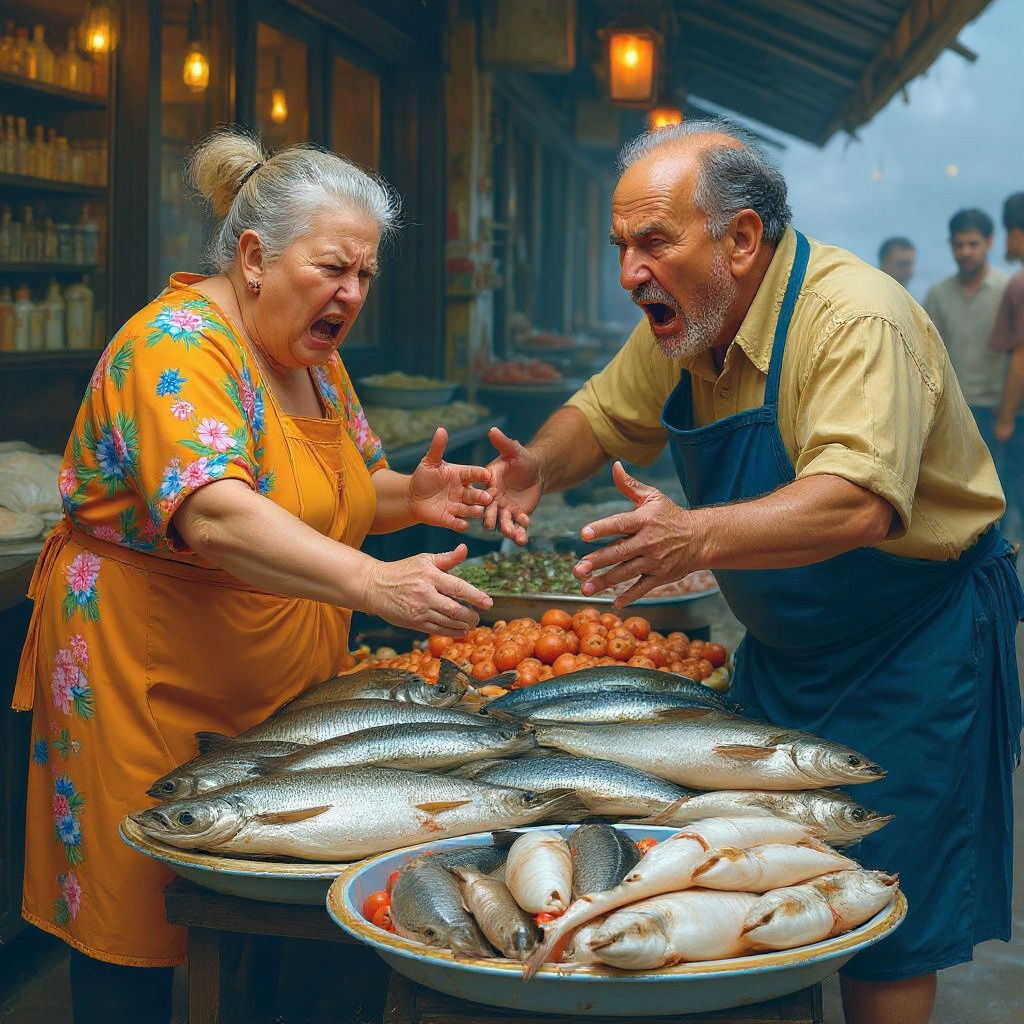 Asian Fish Market Scene With Haggling Figures