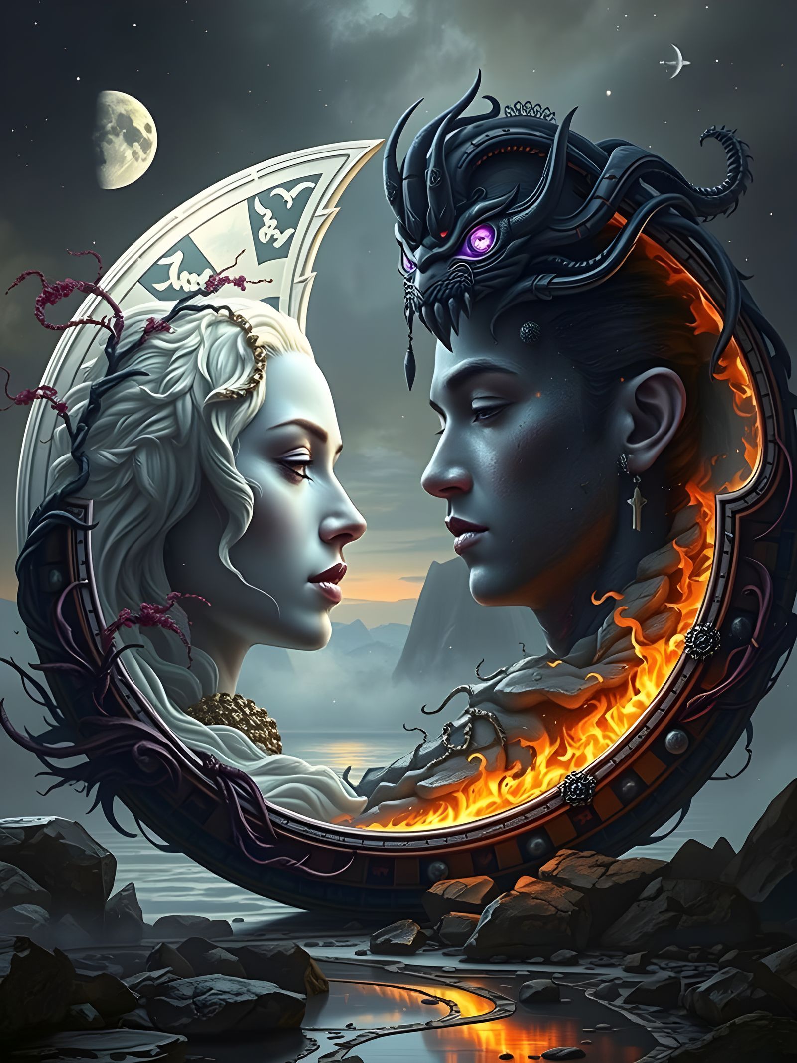 Equinox Emblem: Man, Woman, Sun, Moon in Gustave Doré Style