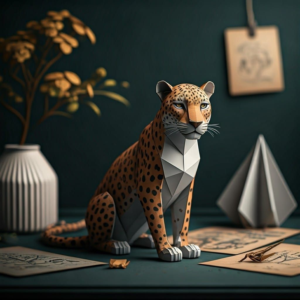 Majestic Origami Panther in Delicate Papercraft Landscape
