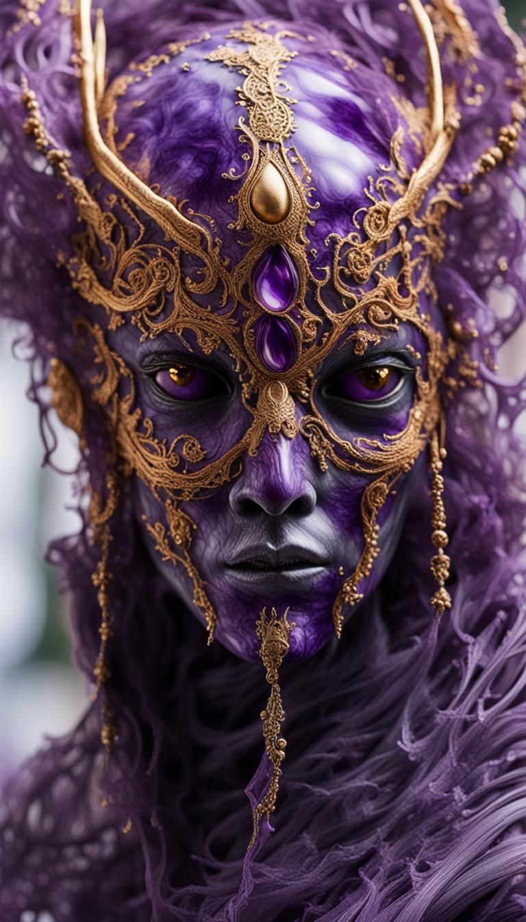 Bionic Purple Glass Creature with Marble Skin and Gold Lips