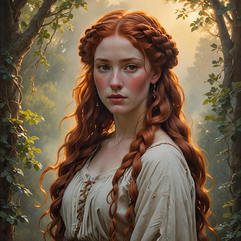 Red-Haired Woman with Braids in Art Nouveau Style