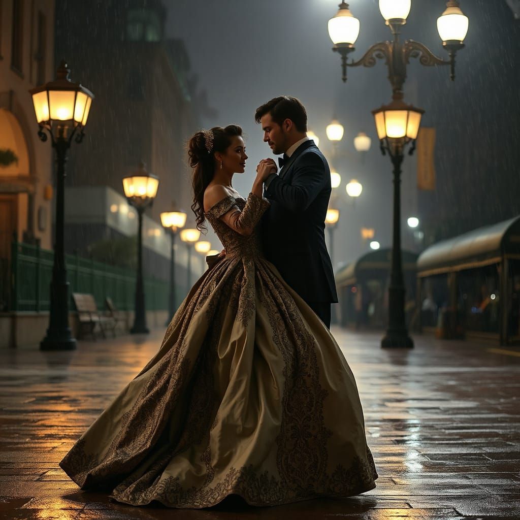 Victorian Couple Dancing in the Rain