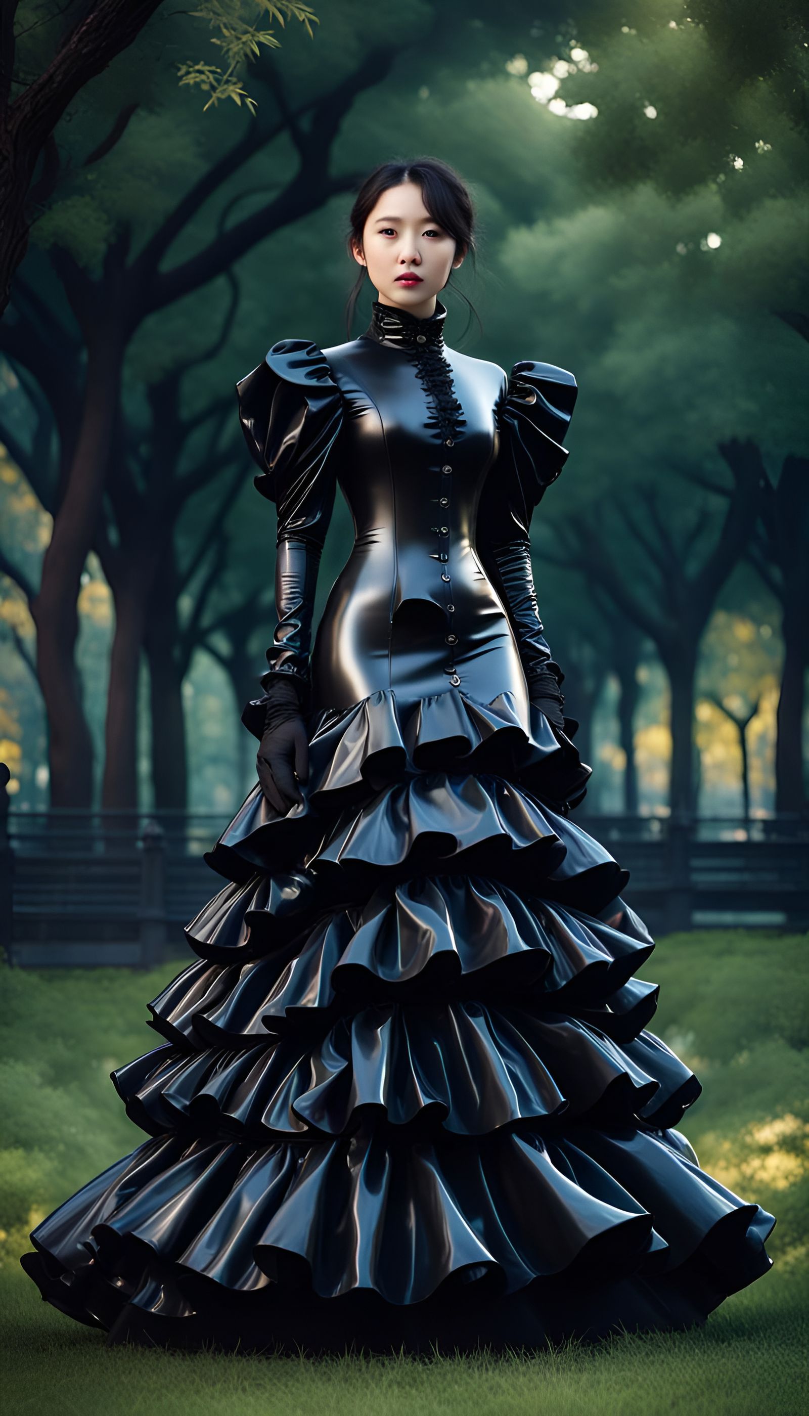 Asian Girl in Latex Victorian Dress in Park