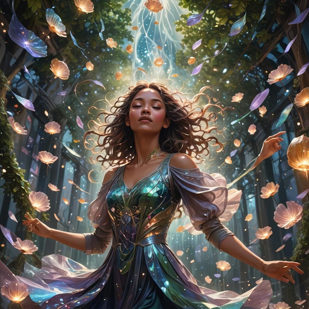 Ethereal Dancer in Iridescent Stardust Storm