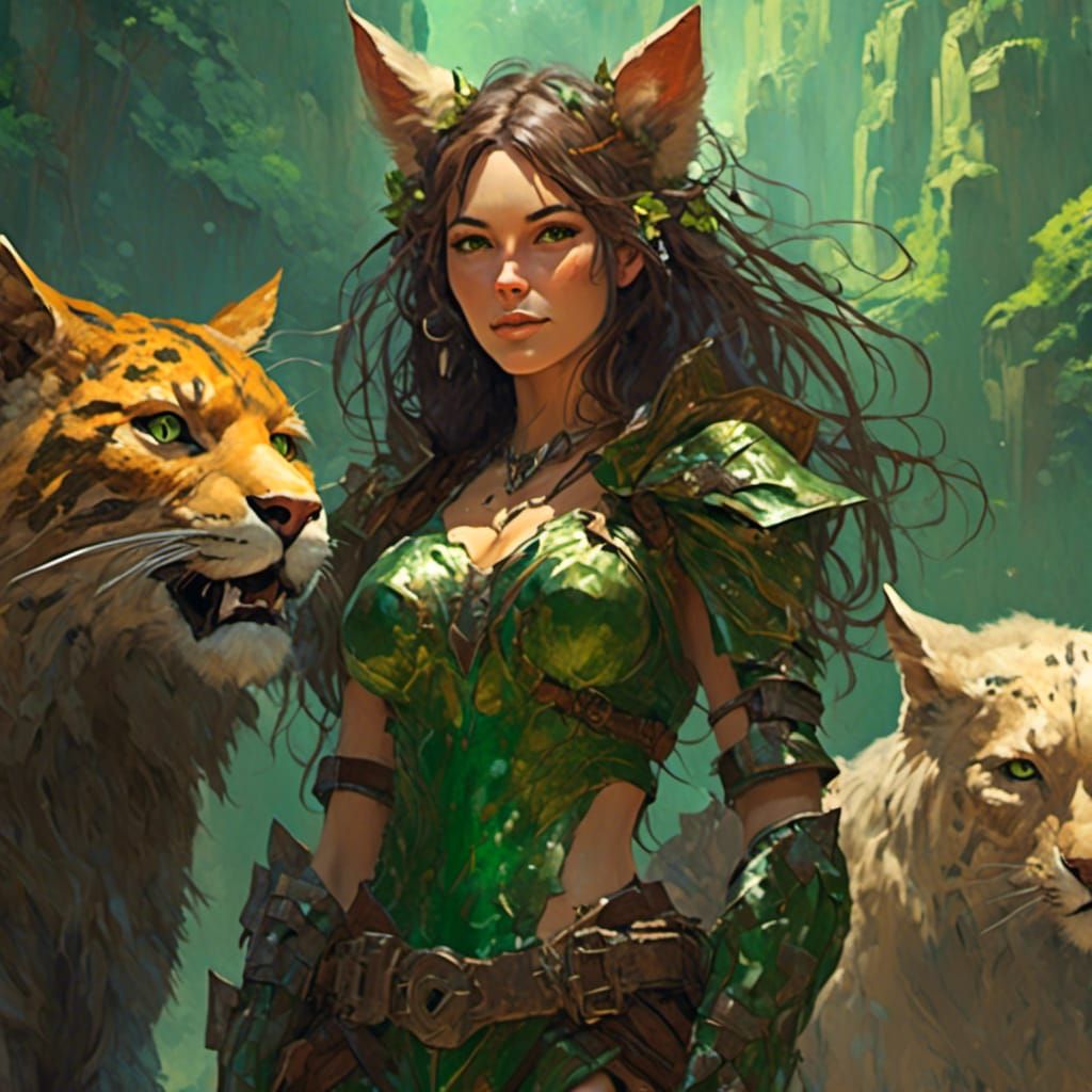 Druid cat girl with her cat friends