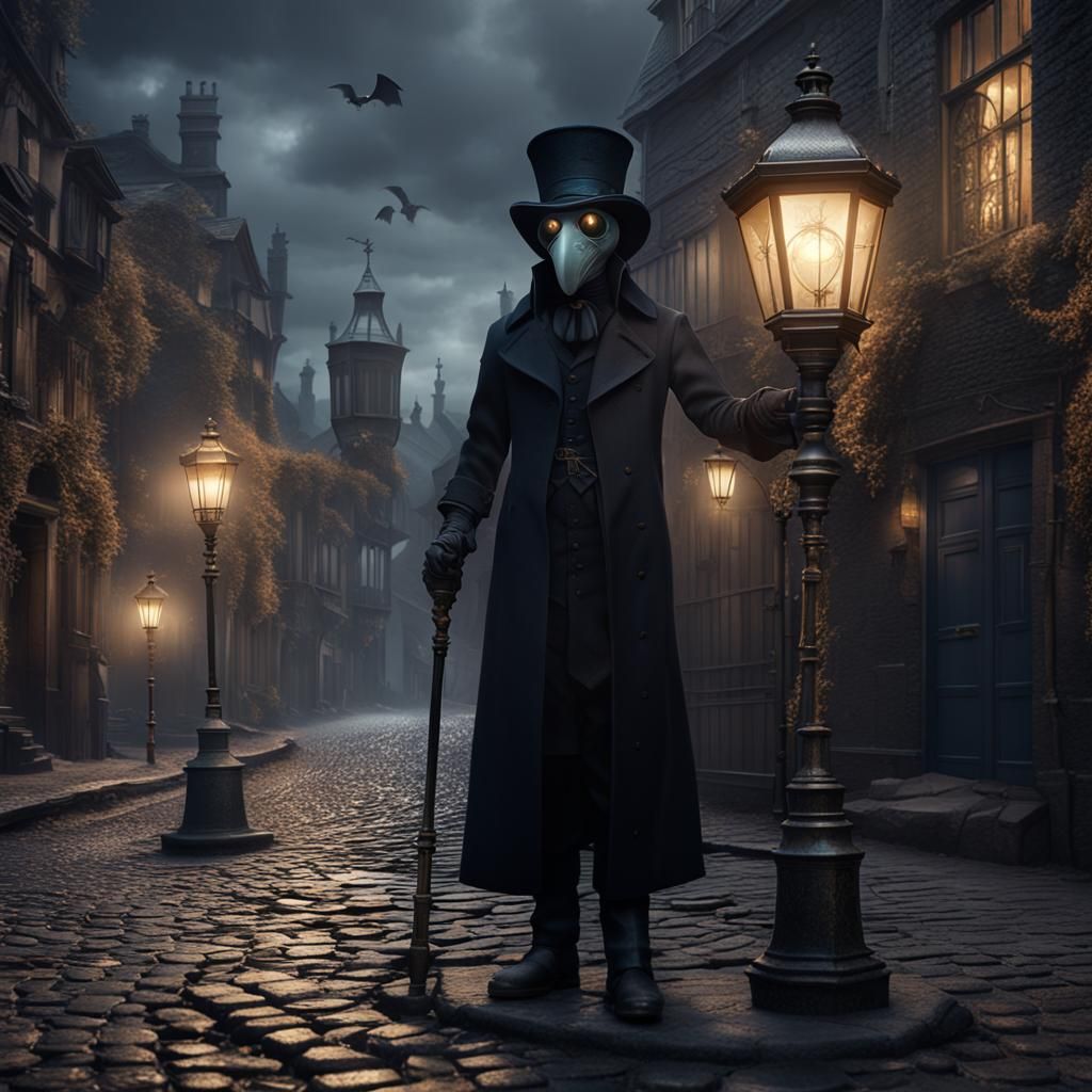 Elegant Plague Doctor in Victorian Gaslight Street