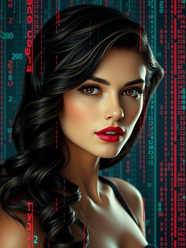 Digital Glitch Pin-Up Girl in Tonalist Style