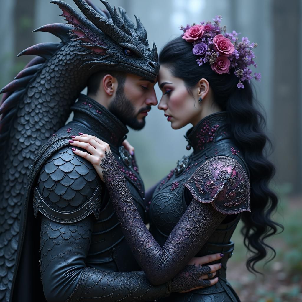 Gothic Beauty and Dragon in Mystical Twilight