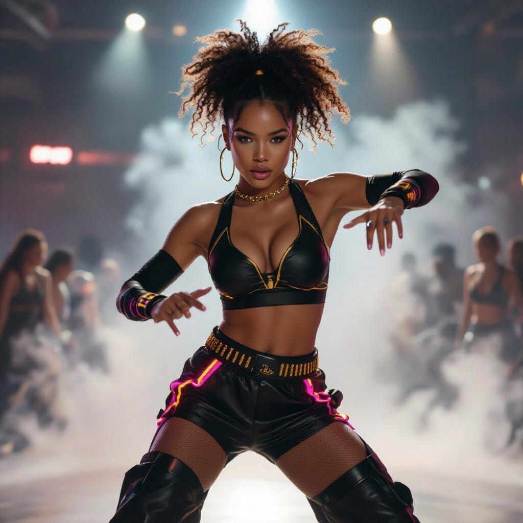 Female Hip-Hop Dancer on LED Stage in Neon Outfit