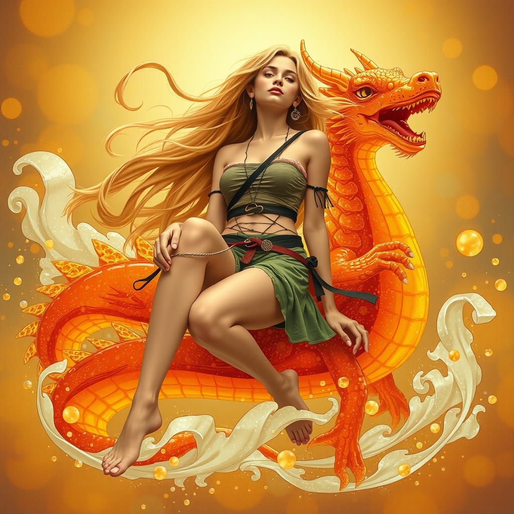 Woman on Gummy Dragon in Effervescent Soda Sea