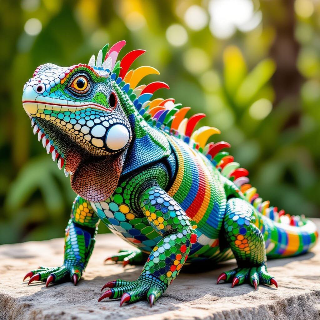 Iguana Statue Crafted from Colorful Plastic Bottle Caps